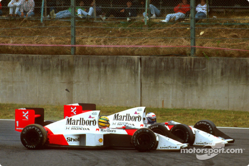 The infamous crash of Ayrton Senna and Alain Prost on lap 46