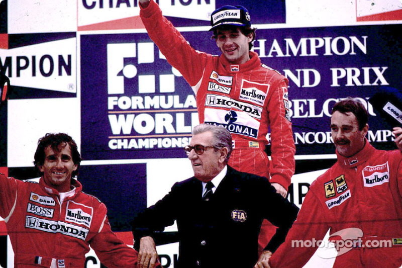 Podium: race winner Ayrton Senna with Alain Prost and Nigel Mansell