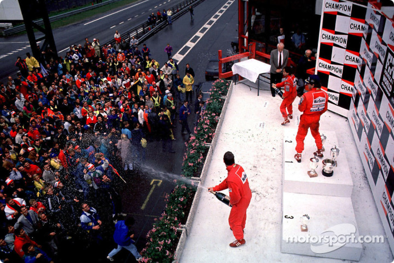 Podium: race winner Ayrton Senna with Alain Prost and Nigel Mansell