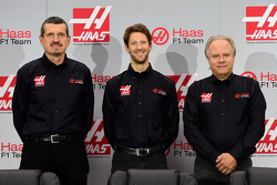 Haas F1 Team's Gunther Steiner, Romain Grosjean and Gene Haas