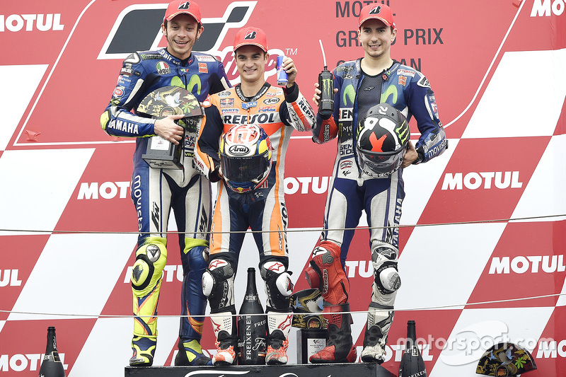 Podium: race winner Dani Pedrosa, Repsol Honda Team, second place Valentino Rossi, Yamaha Factory Ra