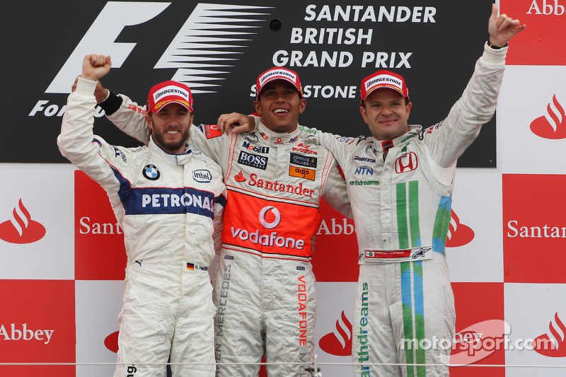 Podio de F1 en Silverstone 2008: 1. Lewis Hamilton, 2. Nick Heidfeld, 3. Rubens Barrichello