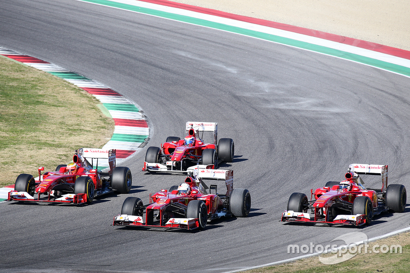 Da sinistra a destra: Marc Gene, collaudatore Ferrari, a bordo della F10, Esteban Gutierrez, collaudatore Ferrari, a bordo della F138, Sebastian Vettel, Ferrari, a bordo della F2012 e Kimi Raikkonen, Ferrari, a bordo della F138