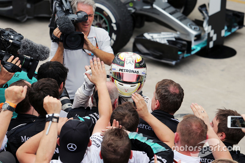 Lewis Hamilton, Mercedes AMG F1 celebrates his second position with the team in parc ferme