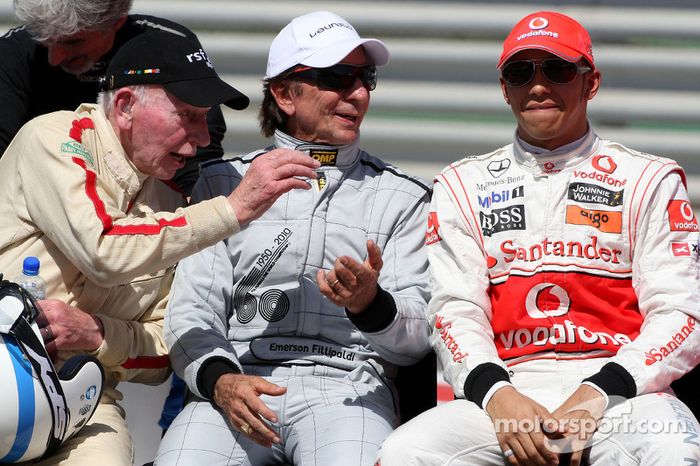 John Surtees, 1964 F1 World Champion, Emerson Fittipaldi, 1972 and 1974 F1 World Champion, Lewis Hamilton, McLaren Mercedes