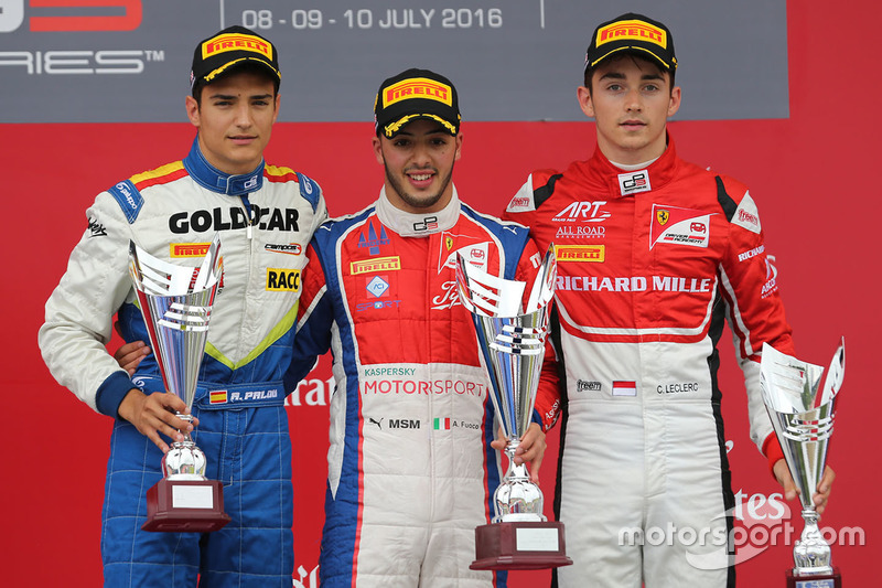 Podium : le vainqueur Antonio Fuoco, Trident, le deuxième Alex Palou, Campos Racing, le troisième Charles Leclerc, ART Grand Prix